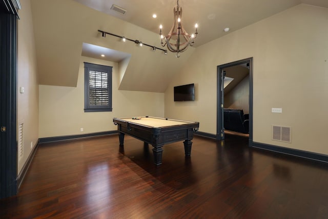 rec room featuring lofted ceiling, dark wood-type flooring, and billiards