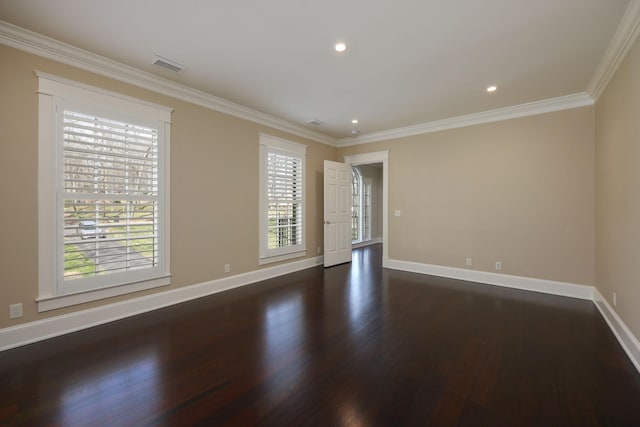 unfurnished room featuring dark hardwood / wood-style flooring and ornamental molding