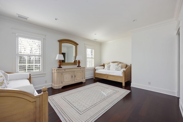 interior space featuring ornamental molding, dark hardwood / wood-style floors, and a healthy amount of sunlight