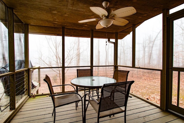 sunroom / solarium with wood ceiling, ceiling fan, and a healthy amount of sunlight