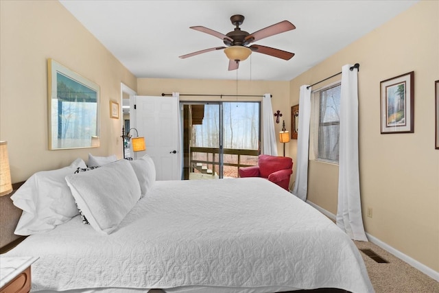 bedroom with carpet, access to outside, and ceiling fan