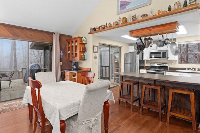 dining space with dark hardwood / wood-style flooring, sink, and lofted ceiling