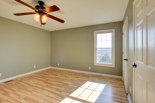 spare room featuring ceiling fan and light hardwood / wood-style floors