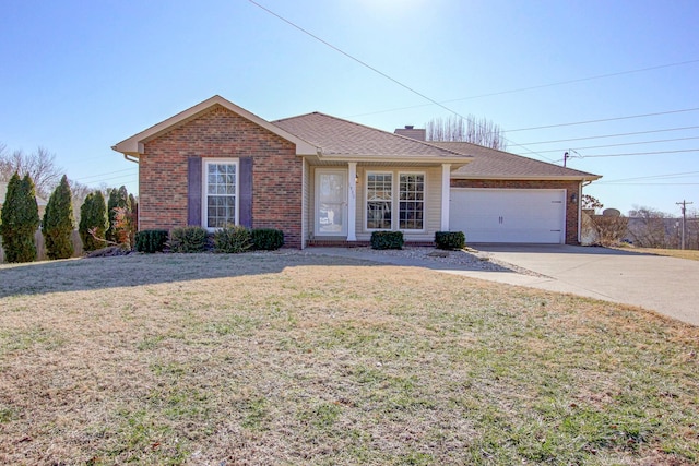 single story home with a garage and a front lawn