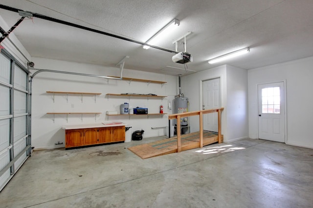 garage featuring a garage door opener and water heater