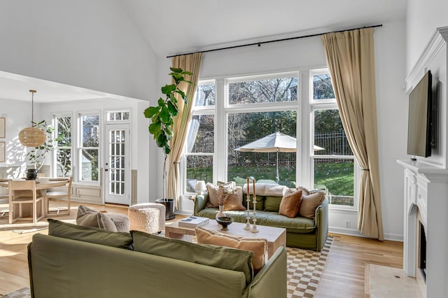 living room featuring vaulted ceiling and light hardwood / wood-style flooring