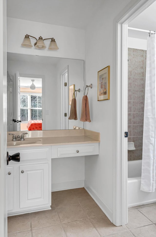 bathroom featuring vanity, tile patterned floors, and shower / bath combo