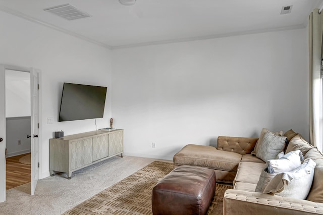 living room featuring ornamental molding and light colored carpet