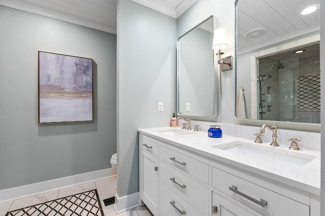 bathroom featuring crown molding, tile patterned flooring, vanity, toilet, and walk in shower