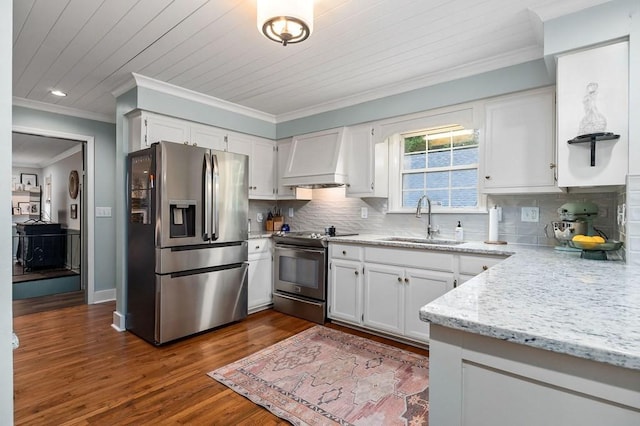 kitchen featuring sink, stainless steel appliances, white cabinets, dark hardwood / wood-style flooring, and custom exhaust hood