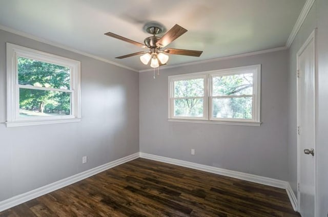 unfurnished room with ceiling fan, ornamental molding, and dark hardwood / wood-style floors