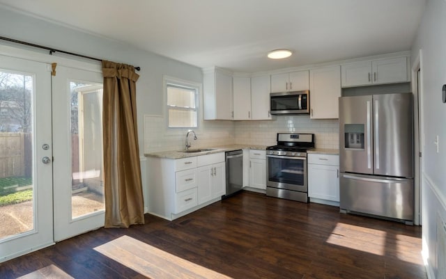 kitchen featuring sink, dark wood-type flooring, white cabinets, and appliances with stainless steel finishes