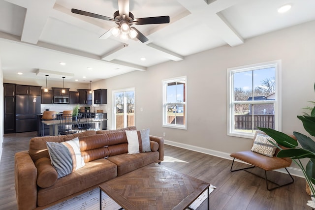 living room featuring coffered ceiling, dark hardwood / wood-style floors, and ceiling fan