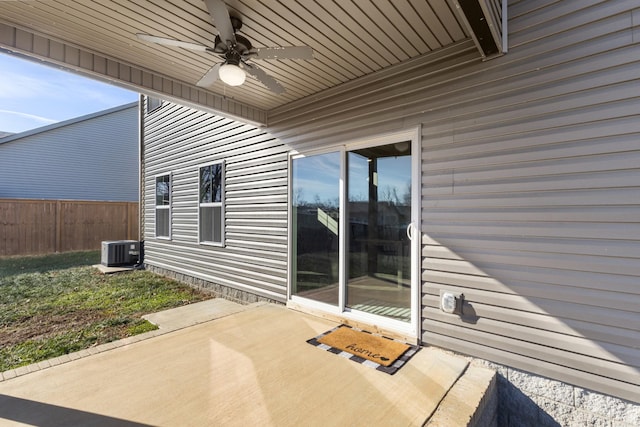 view of patio featuring ceiling fan and central AC unit