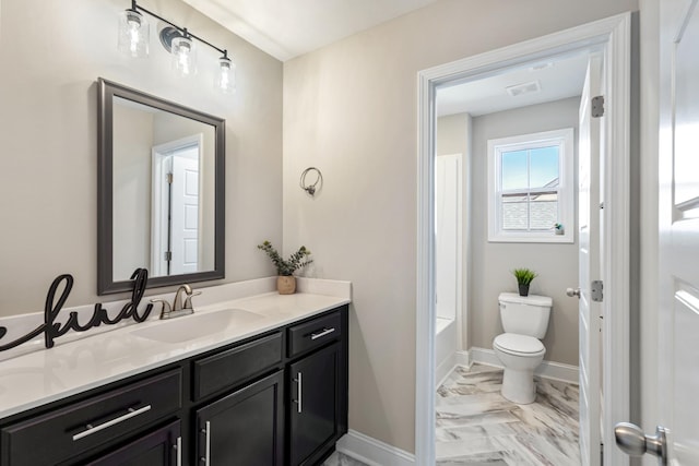 full bathroom featuring vanity, shower / bathing tub combination, and toilet