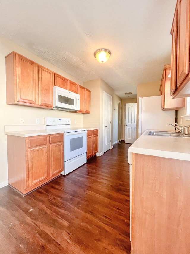 kitchen featuring white appliances, dark hardwood / wood-style floors, and sink