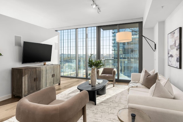 living room with floor to ceiling windows, plenty of natural light, and light hardwood / wood-style flooring