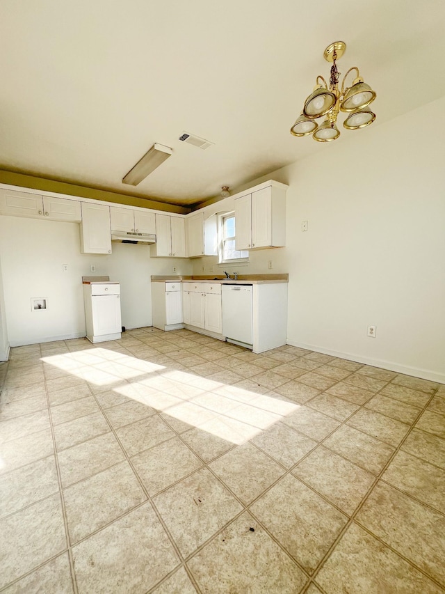 kitchen with sink, decorative light fixtures, a chandelier, white dishwasher, and white cabinets