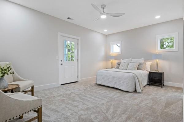 bedroom with recessed lighting, visible vents, baseboards, and carpet flooring