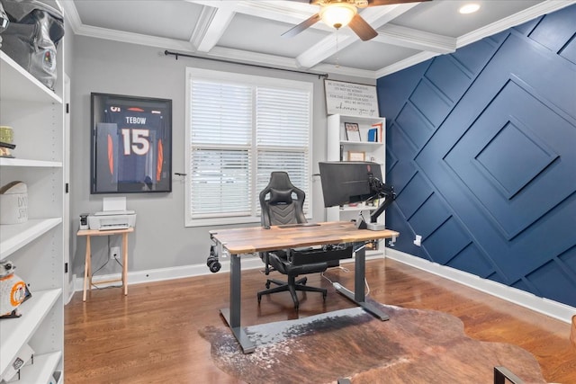 home office featuring beamed ceiling, hardwood / wood-style flooring, coffered ceiling, ceiling fan, and crown molding