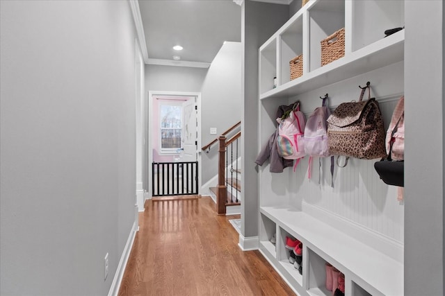 mudroom featuring ornamental molding and light hardwood / wood-style floors