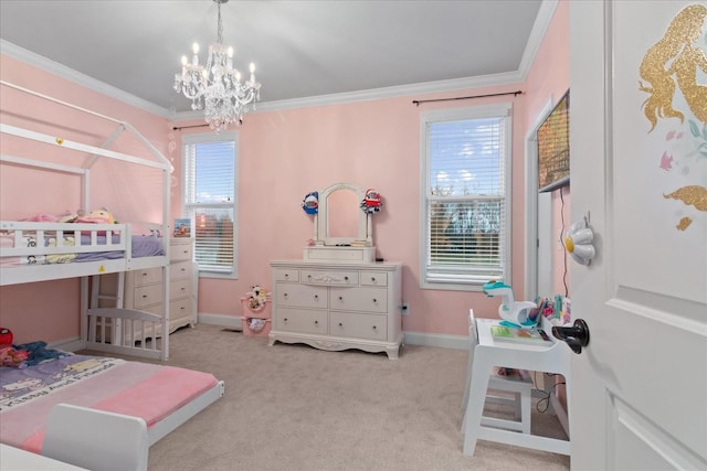 carpeted bedroom with an inviting chandelier and ornamental molding