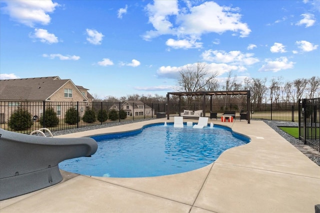 view of swimming pool with a water slide, an outdoor hangout area, a pergola, and a patio area