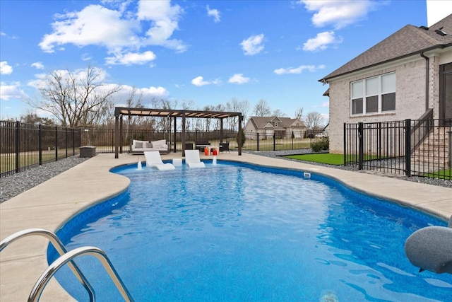 view of swimming pool featuring a pergola, an outdoor hangout area, pool water feature, and a patio area