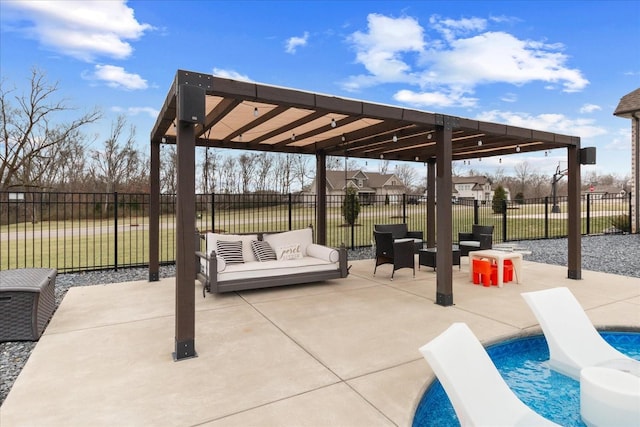 view of patio / terrace with an outdoor living space, a fenced in pool, and a pergola