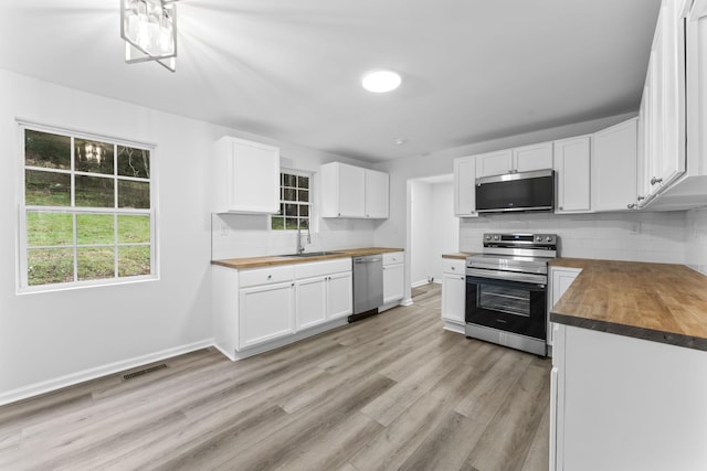 kitchen with white cabinetry, wood counters, stainless steel appliances, and sink