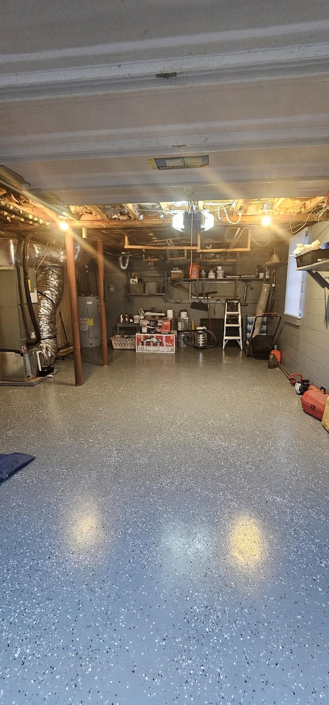 basement with heating unit and water heater