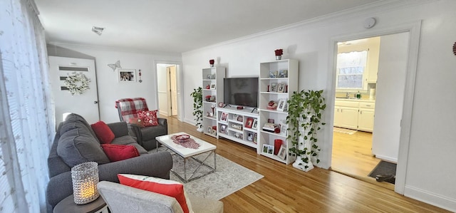 living room featuring hardwood / wood-style flooring and ornamental molding