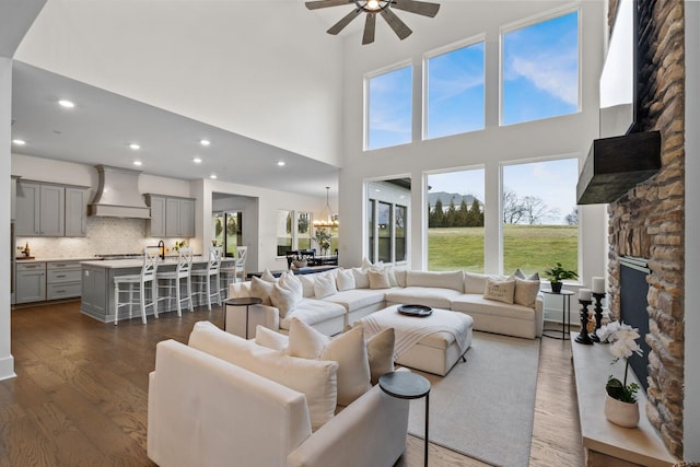 living room with dark wood-type flooring, a healthy amount of sunlight, and a fireplace