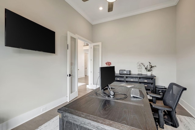 office with crown molding, ceiling fan, and hardwood / wood-style flooring