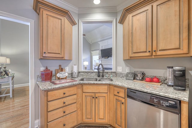 kitchen with sink, crown molding, dishwasher, light stone counters, and light wood-type flooring