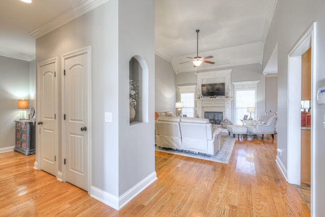 hall featuring crown molding and light hardwood / wood-style flooring