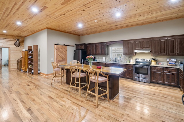 kitchen featuring black refrigerator, a breakfast bar area, a kitchen island with sink, electric range, and wood ceiling