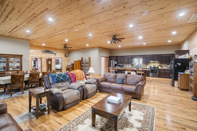 living room with ceiling fan, light hardwood / wood-style floors, and wooden ceiling