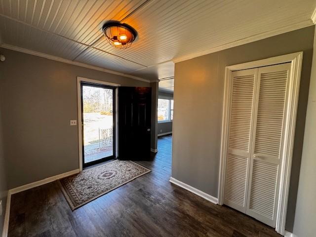 entrance foyer featuring crown molding and dark hardwood / wood-style floors