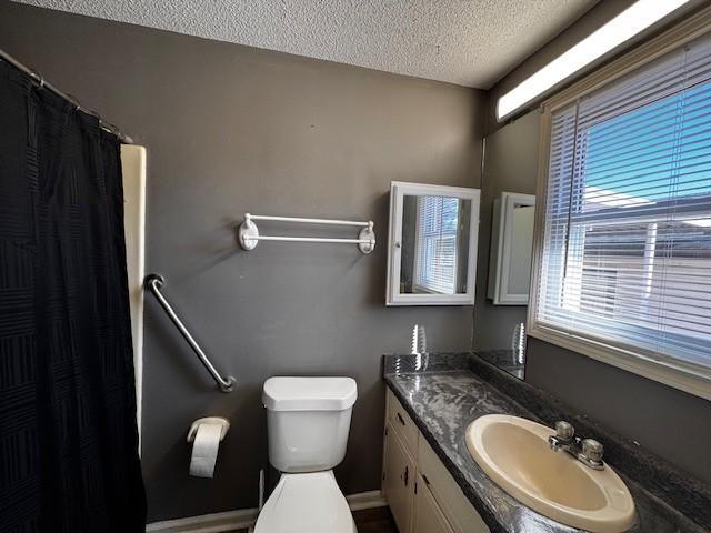 bathroom featuring plenty of natural light, toilet, a textured ceiling, and vanity