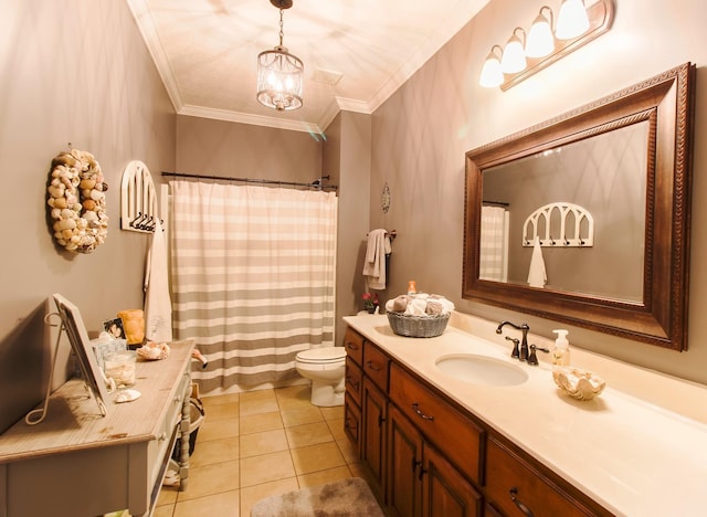 bathroom featuring tile patterned flooring, vanity, ornamental molding, toilet, and a chandelier