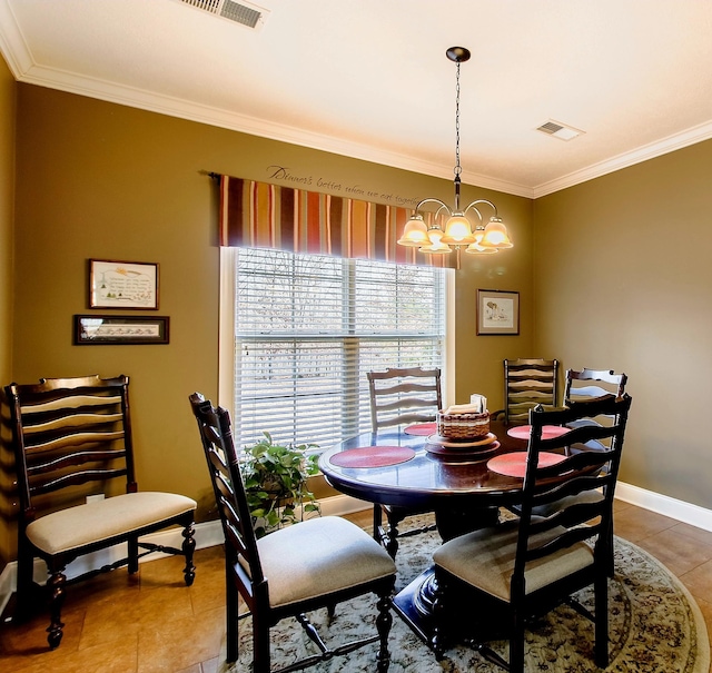 tiled dining room with crown molding and a notable chandelier