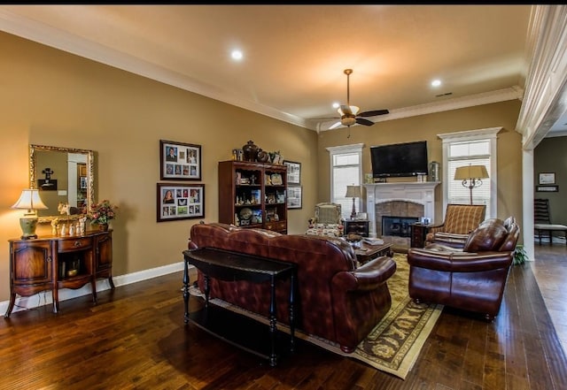 living room featuring ornamental molding, dark wood-type flooring, and a fireplace