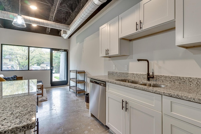 kitchen featuring light stone counters, sink, white cabinets, and dishwasher