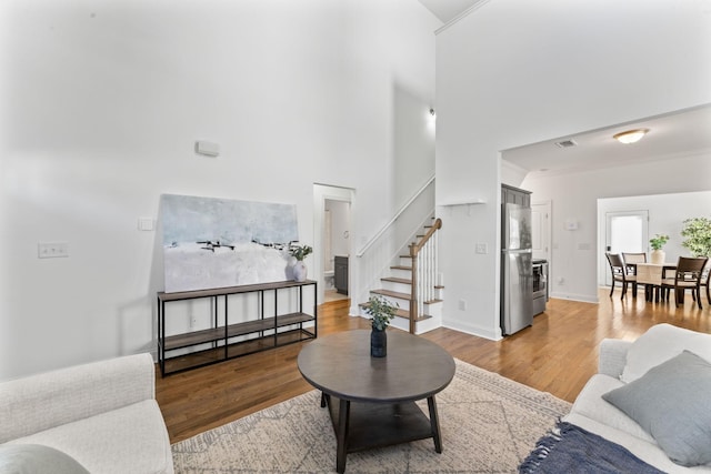 living room featuring wood-type flooring and a high ceiling