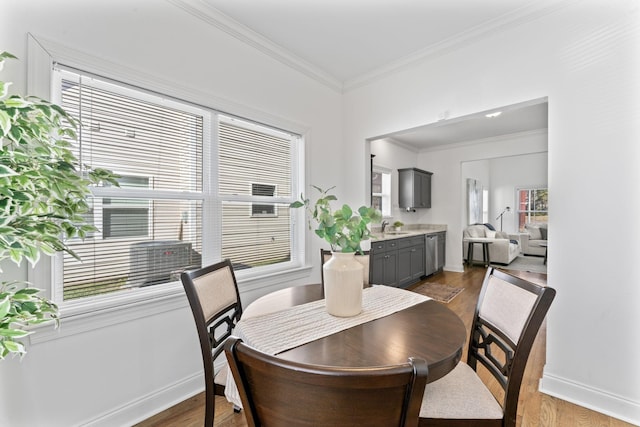 dining space featuring crown molding, sink, and dark hardwood / wood-style flooring