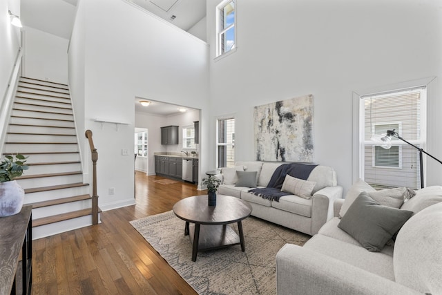 living room with crown molding, sink, a towering ceiling, and wood-type flooring