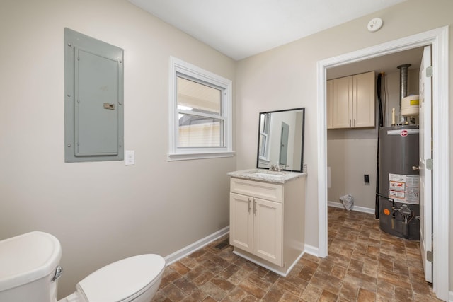 bathroom with vanity, electric panel, water heater, and toilet