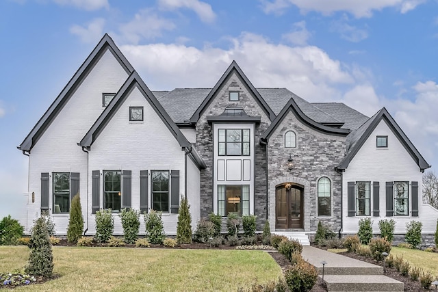 french country home featuring a front lawn