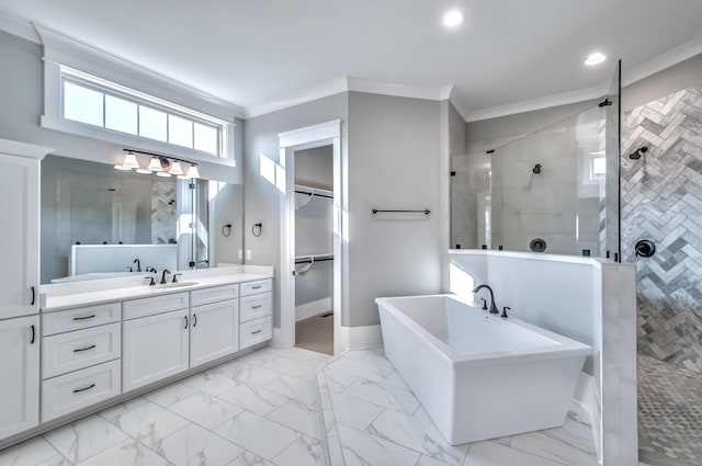 bathroom with independent shower and bath, vanity, and ornamental molding